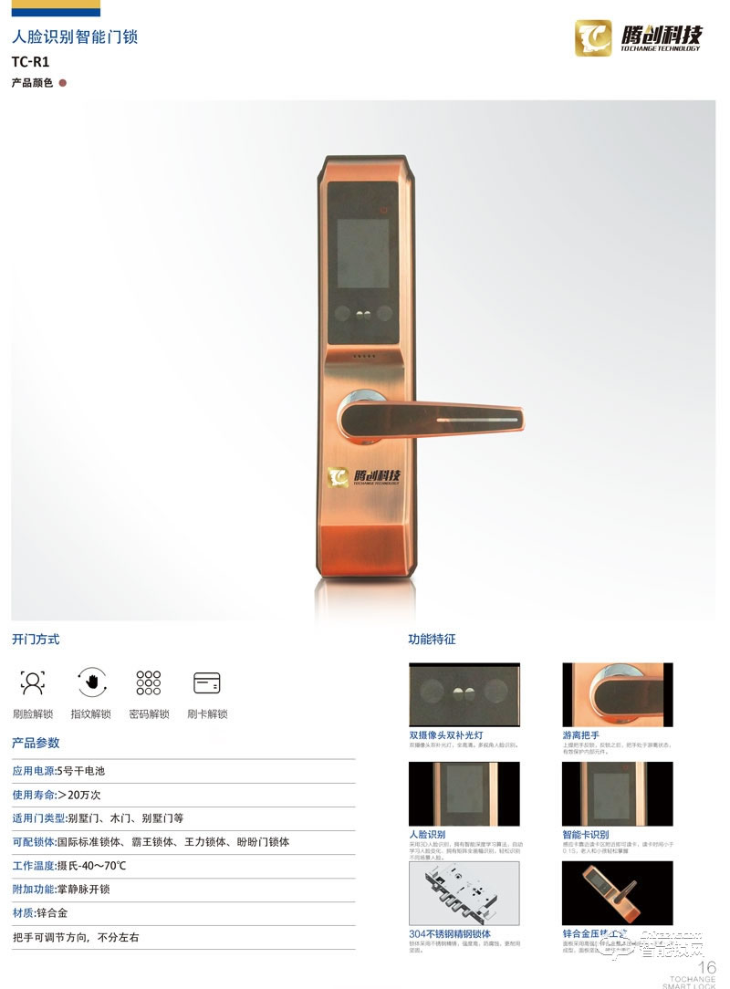 騰創(chuàng)智能鎖 鋅合金別墅門(mén)木門(mén)人臉識(shí)別鎖 防盜門(mén)智能鎖